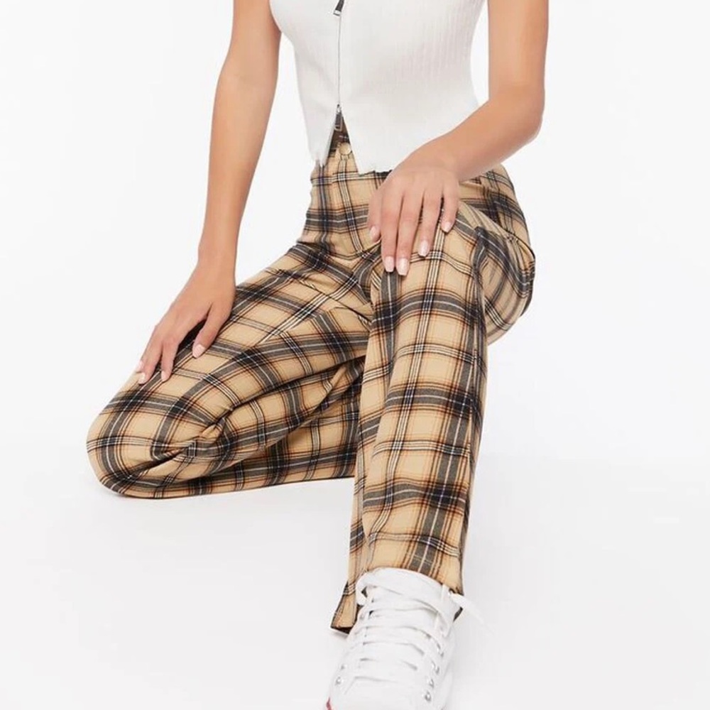 High waist wide leg plaid pants- M